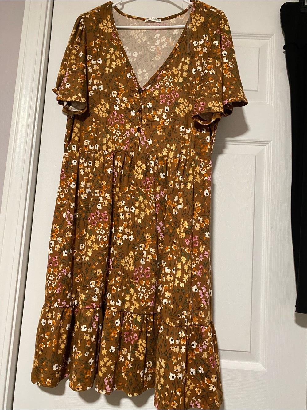 Women's Floral Midi Dress in Mustard Brown